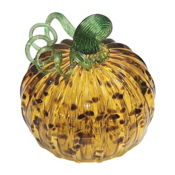 Handblown Glass Amber Pumpkin Halloween Autumn Home Decor Centerpiece 5" - Picture 3 of 5